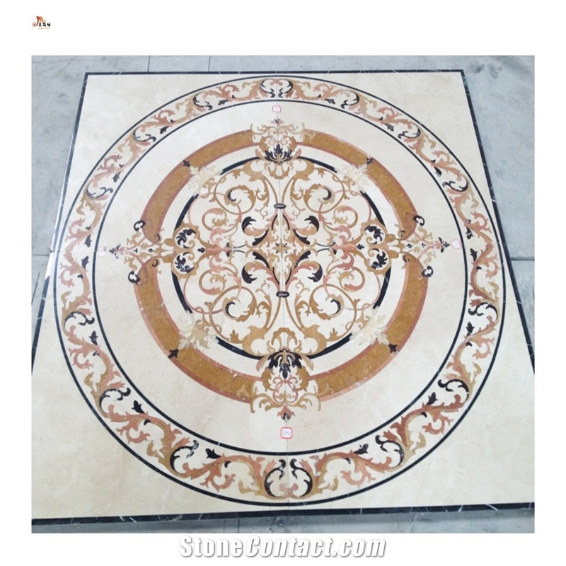 Waterjet Golden Cream Marble Square Carpet Floor Medallions