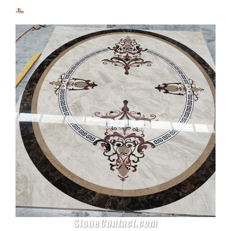 Waterjet Golden Cream Marble Square Carpet Floor Medallions