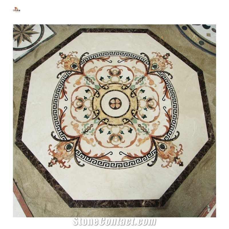 Waterjet Golden Cream Marble Square Carpet Floor Medallions