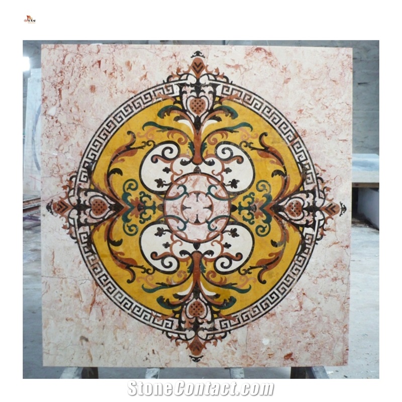 Waterjet Golden Cream Marble Square Carpet Floor Medallions
