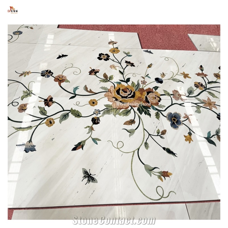 White Marble Flower Pattern Waterjet Panel Inlay Medallion