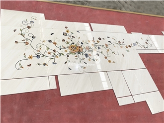 White Marble Flower Pattern Waterjet Panel Inlay Medallion