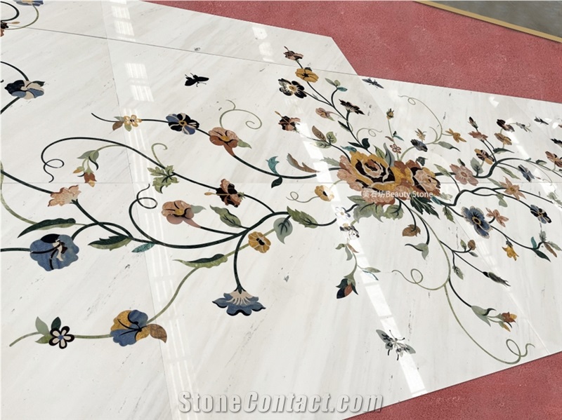 White Marble Flower Pattern Waterjet Panel Inlay Medallion