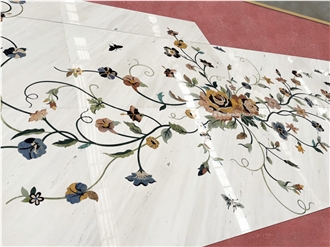 White Marble Flower Pattern Waterjet Panel Inlay Medallion