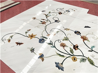 White Marble Flower Pattern Waterjet Panel Inlay Medallion
