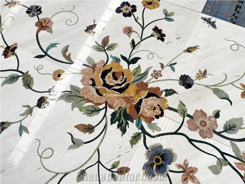 White Marble Flower Pattern Waterjet Panel Inlay Medallion