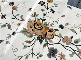 White Marble Flower Pattern Waterjet Panel Inlay Medallion