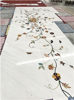White Marble Flower Pattern Waterjet Panel Inlay Medallion