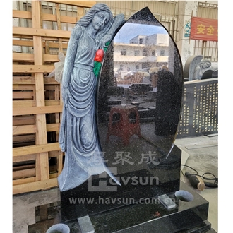 Black Granite Angel Holding Red Rose Memorial Monument