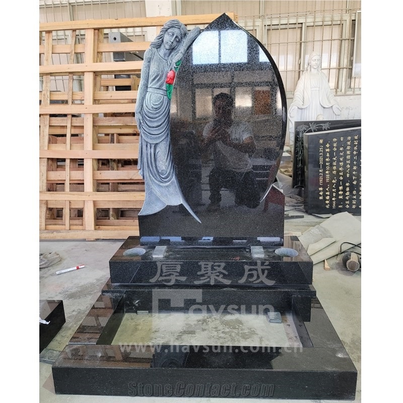 Black Granite Angel Holding Red Rose Memorial Monument