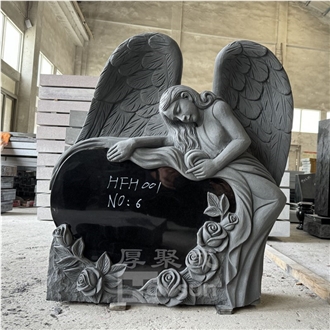 Black Granite Reclining Angel With Open Wings Monument