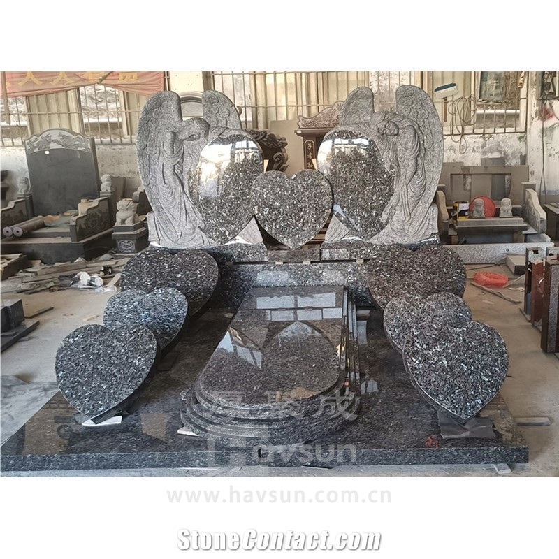 Blue Pearl Granite Angel Hearts Three Person Tombstone