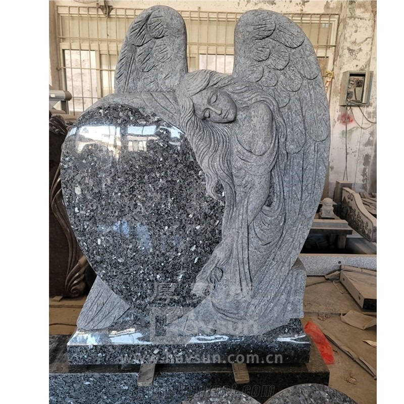 Blue Pearl Granite Angel Hearts Three Person Tombstone