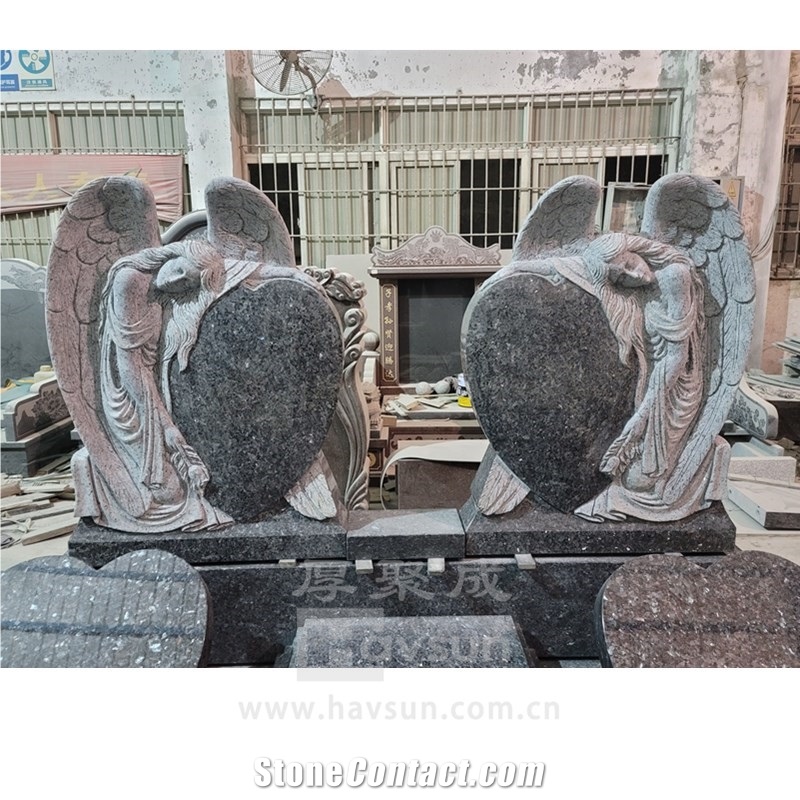 Blue Pearl Granite Angel Hearts Three Person Tombstone