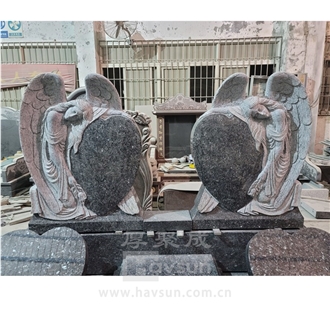 Blue Pearl Granite Angel Hearts Three Person Tombstone