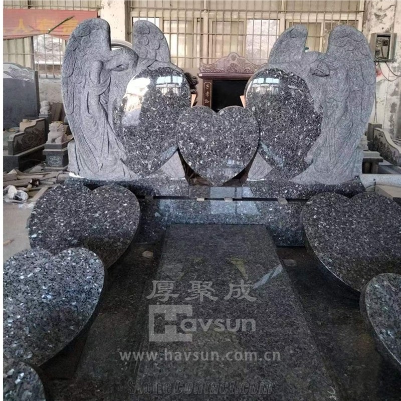 Blue Pearl Granite Angel Hearts Three Person Tombstone
