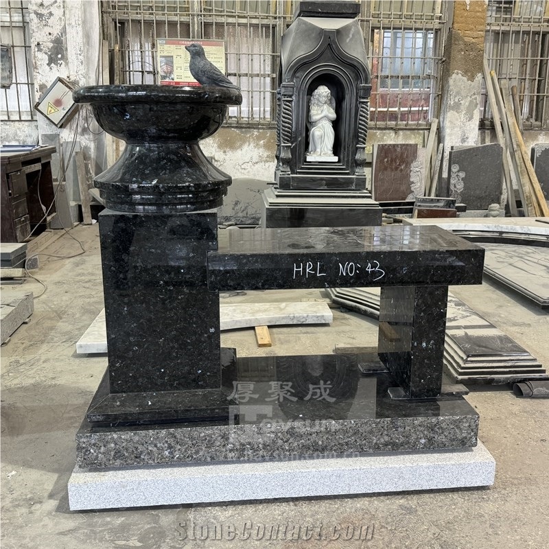 Blue Pearl Granite Bird Bath Monument With Memorial Bench