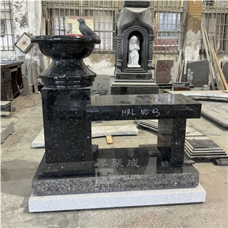 Blue Pearl Granite Bird Bath Monument With Memorial Bench