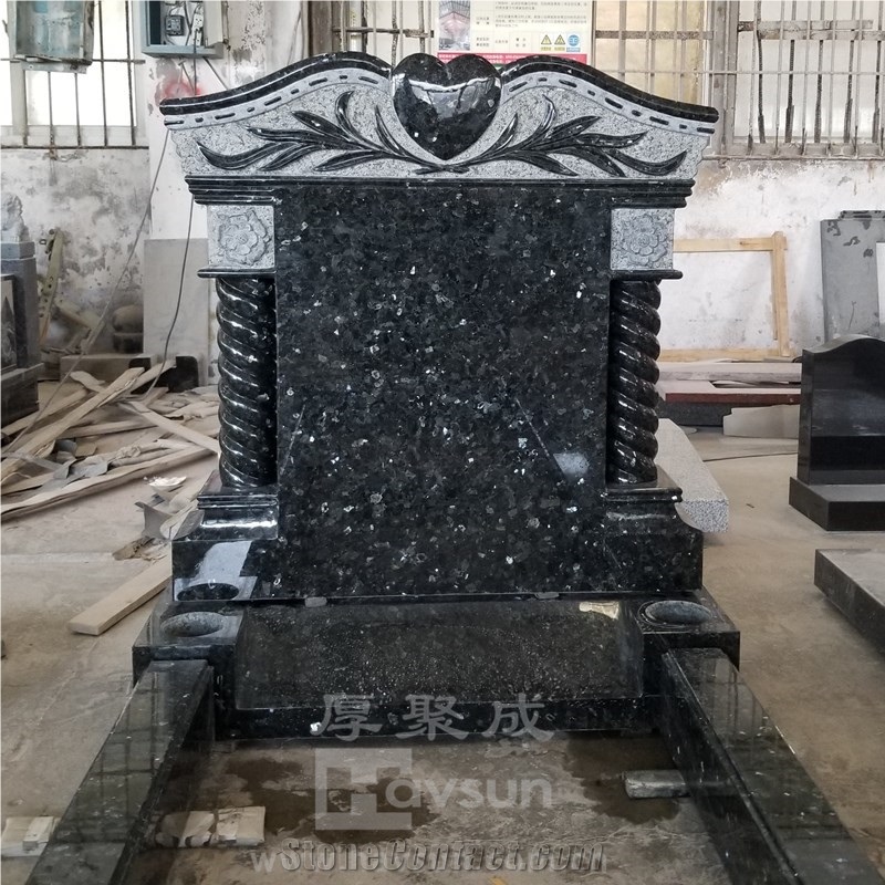 Blue Pearl Granite Column Heart Tombstone With Kerbs