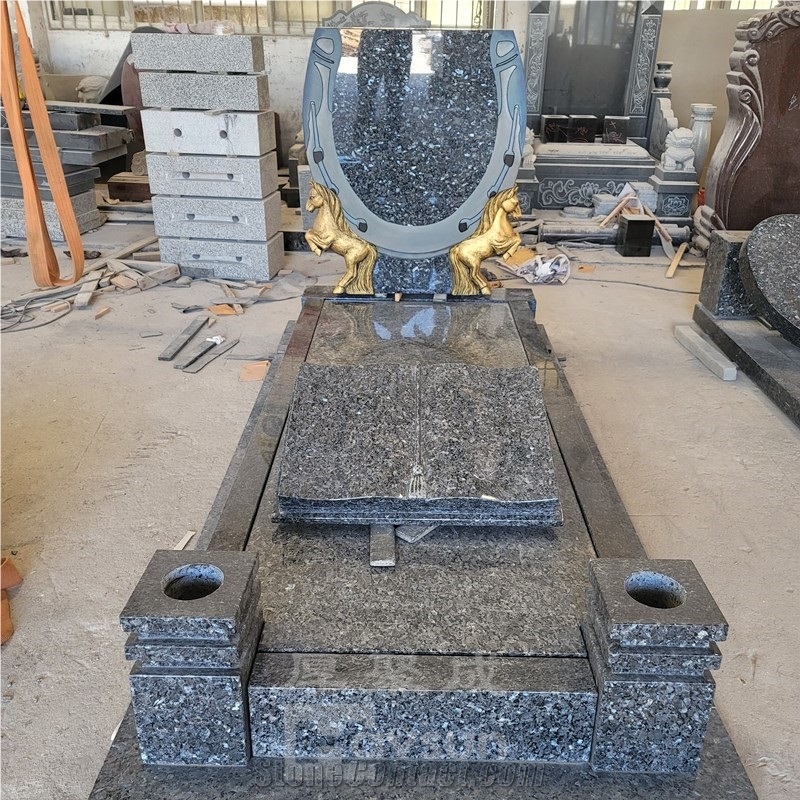 Blue Pearl Granite Horseshoe And Horse Tombstone For Rider