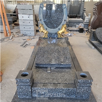 Blue Pearl Granite Horseshoe And Horse Tombstone For Rider