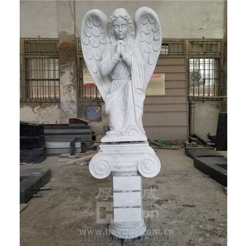 Carrara White Marble Angel With Column Garden Sculpture