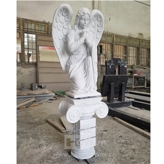 Carrara White Marble Angel With Column Garden Sculpture