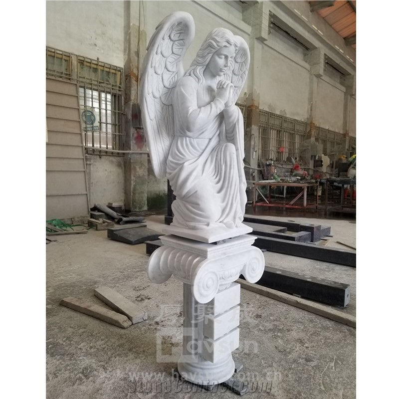 Carrara White Marble Angel With Column Garden Sculpture