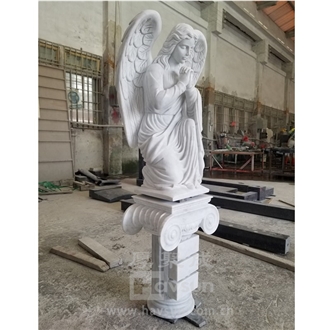 Carrara White Marble Angel With Column Garden Sculpture