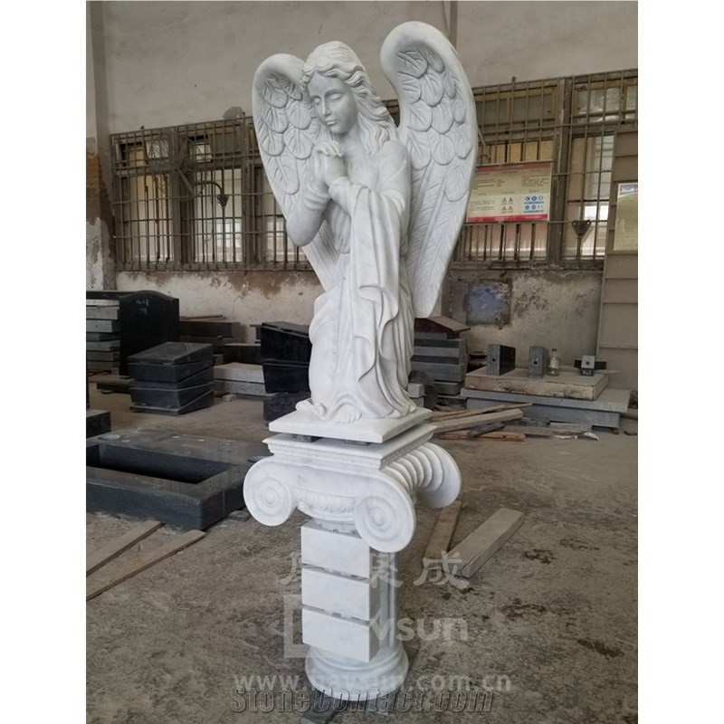 Carrara White Marble Angel With Column Garden Sculpture