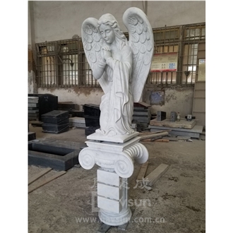 Carrara White Marble Angel With Column Garden Sculpture