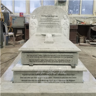 Carrara White Marble Carved Jesus Mary Cross  Headstone