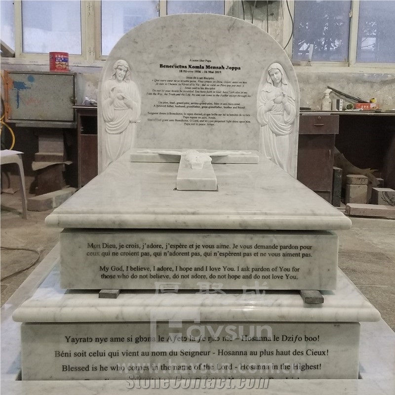 Carrara White Marble Carved Jesus Mary Cross  Headstone