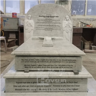Carrara White Marble Carved Jesus Mary Cross  Headstone