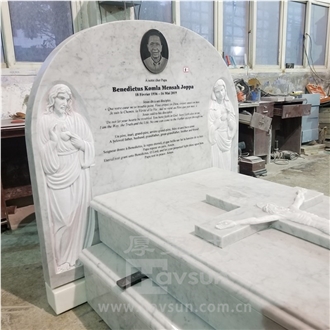 Carrara White Marble Carved Jesus Mary Cross  Headstone
