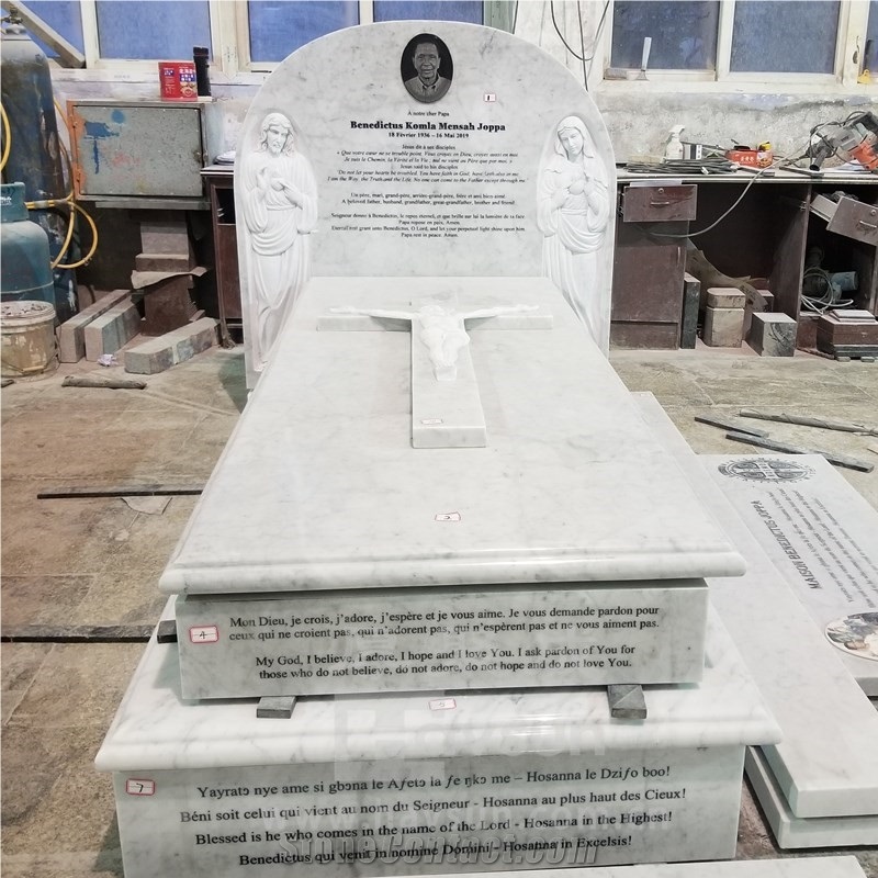 Carrara White Marble Carved Jesus Mary Cross  Headstone