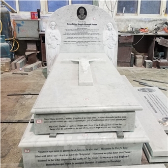 Carrara White Marble Carved Jesus Mary Cross  Headstone