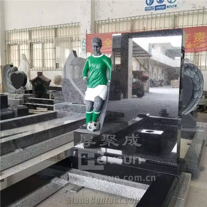 Carved Football Player Granite Soccer  Memorial Tombstone