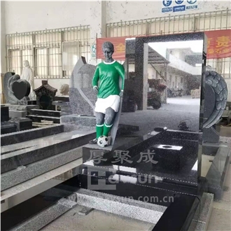Carved Football Player Granite Soccer  Memorial Tombstone