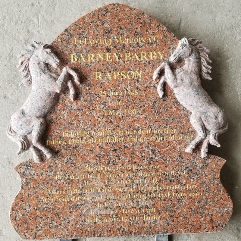 China Maple Red Granite Two Horses Headstone For Cowboy