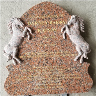 China Maple Red Granite Two Horses Headstone For Cowboy