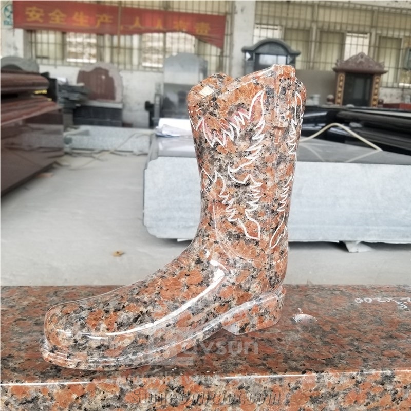 China Maple Red Granite Two Horses Headstone For Cowboy