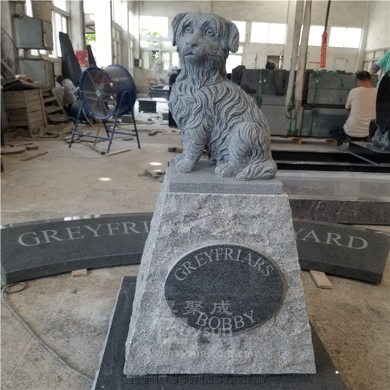 Dark Grey Granite Pet Dog Statue Headstone