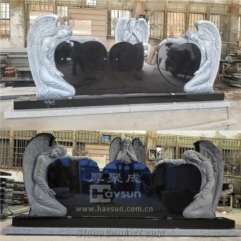 Granite Three Angels With Hearts Headstone For Three People
