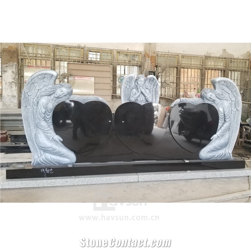 Granite Three Angels With Hearts Headstone For Three People