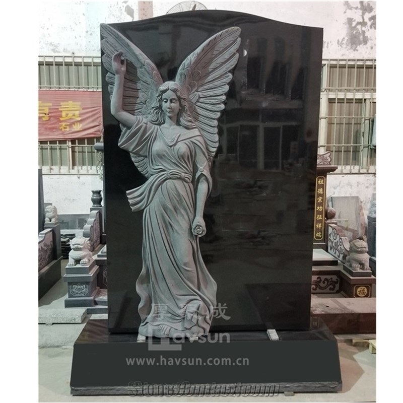 Indian Black Granite Carved Angel Pointing To Sky Monument