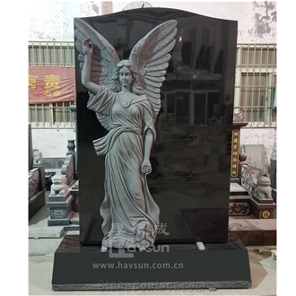 Indian Black Granite Carved Angel Pointing To Sky Monument