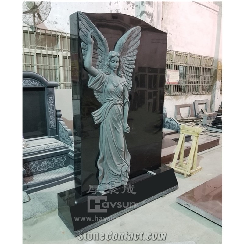 Indian Black Granite Carved Angel Pointing To Sky Monument