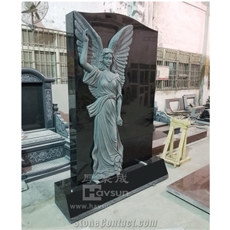 Indian Black Granite Carved Angel Pointing To Sky Monument