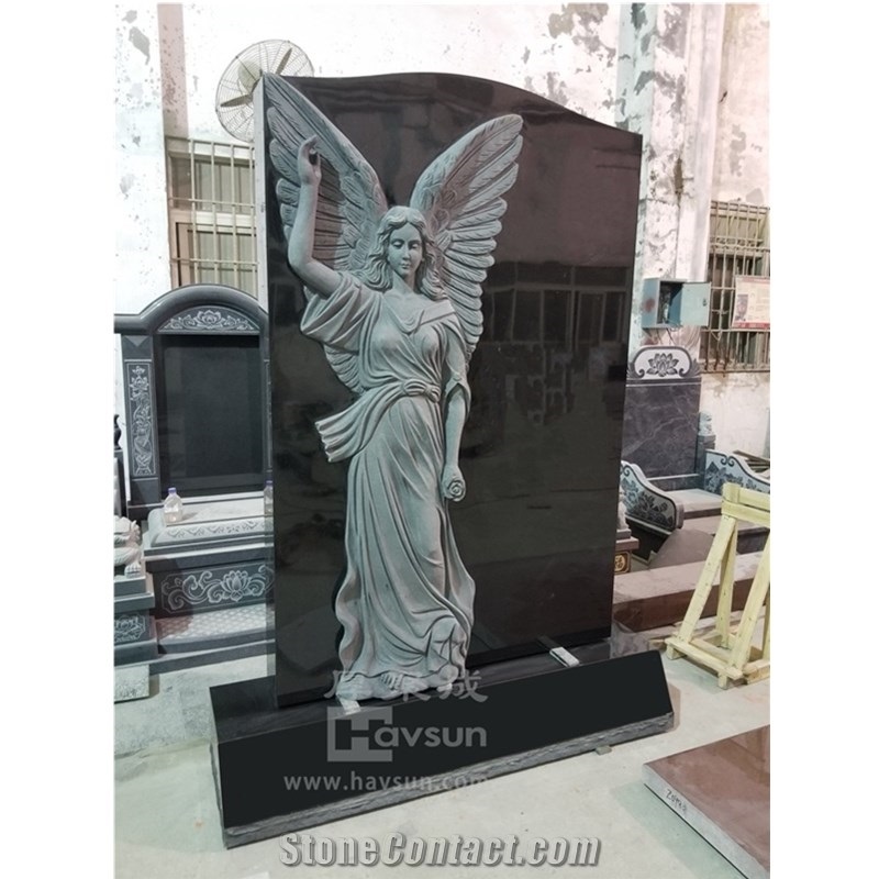 Indian Black Granite Carved Angel Pointing To Sky Monument